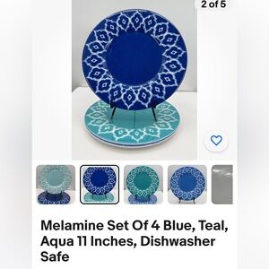 Melamine Set Of 8 Blue, Teal, Aqua 11” Plates, Dishwasher Safe